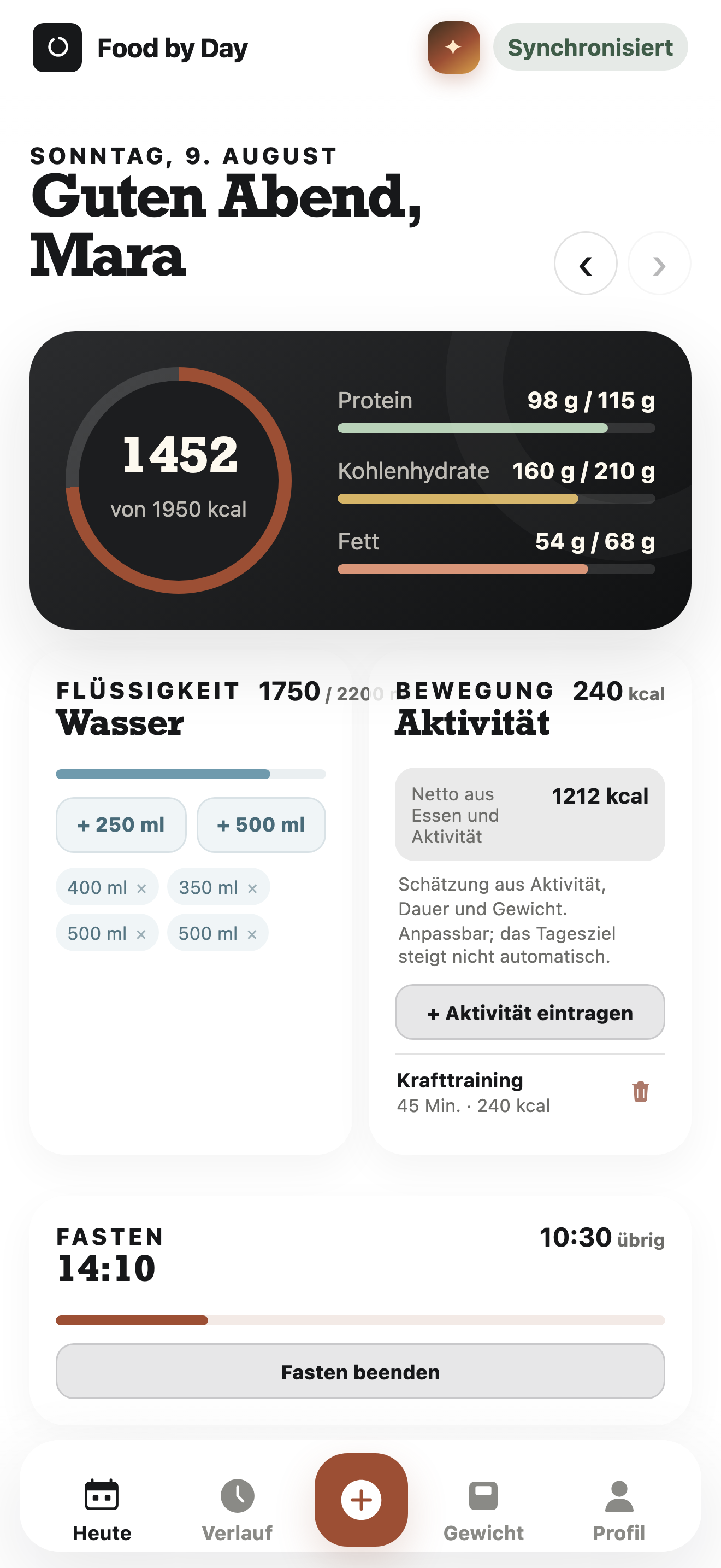 Food by Day Tagesansicht mit Kalorien, Makronährstoffen, Wasser und Aktivität